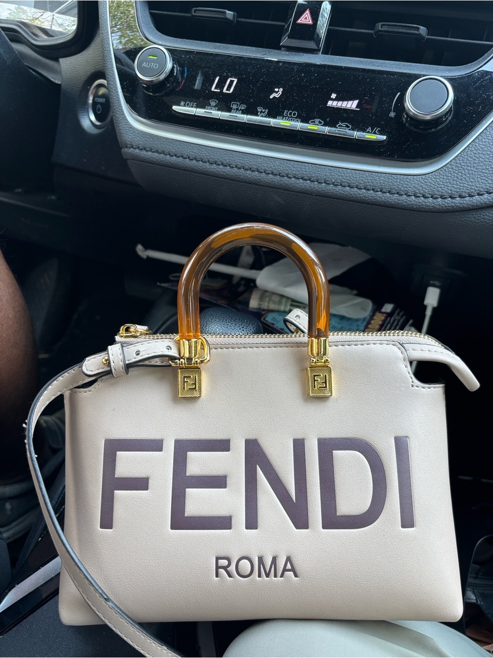 Fendi Taupe Mini Top-Handle Bag with Tortoiseshell Accent - Picture 3 of 8
